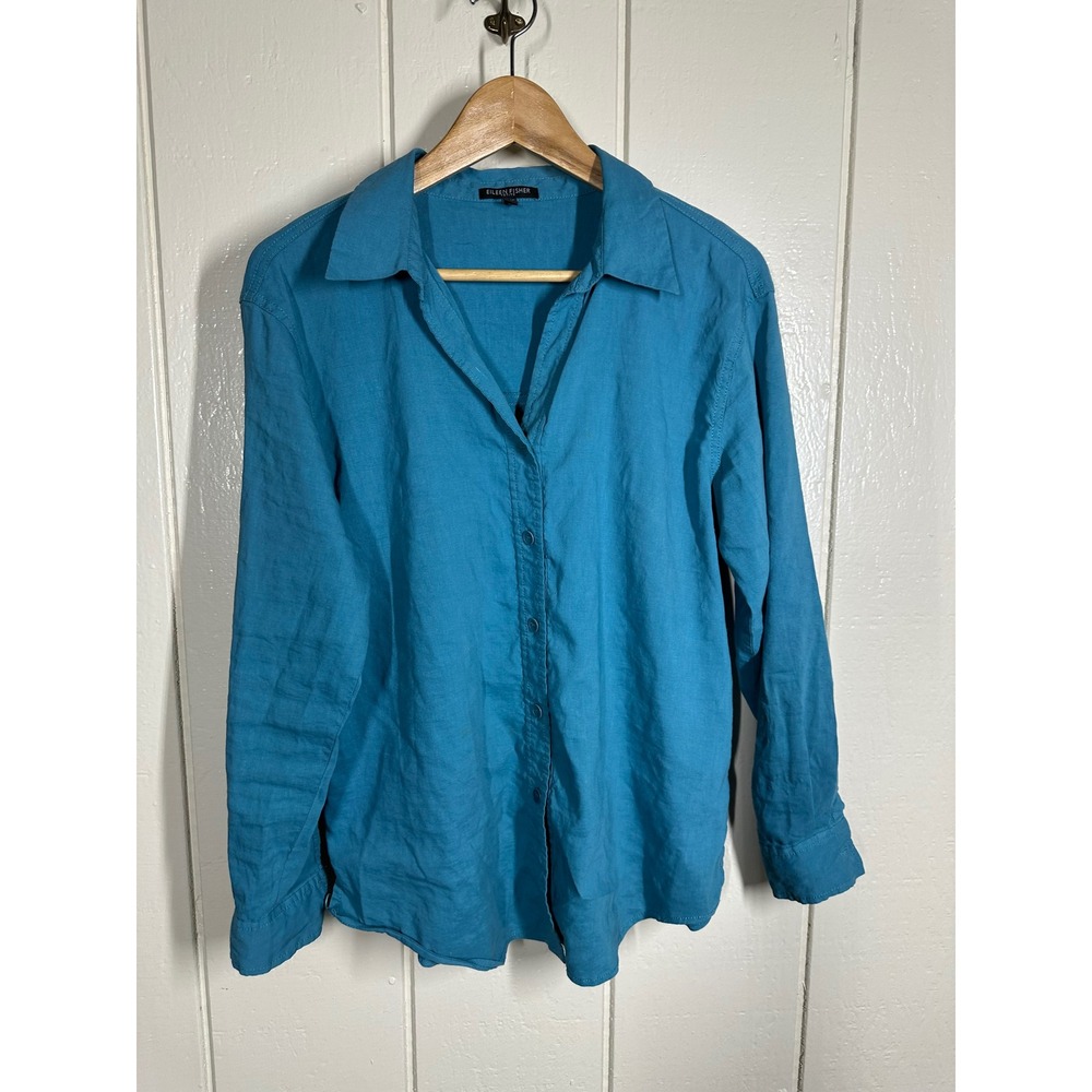 Eileen Fisher Shirt Womens PS Blue Italian Linen Button Down Long Sleeve Top
